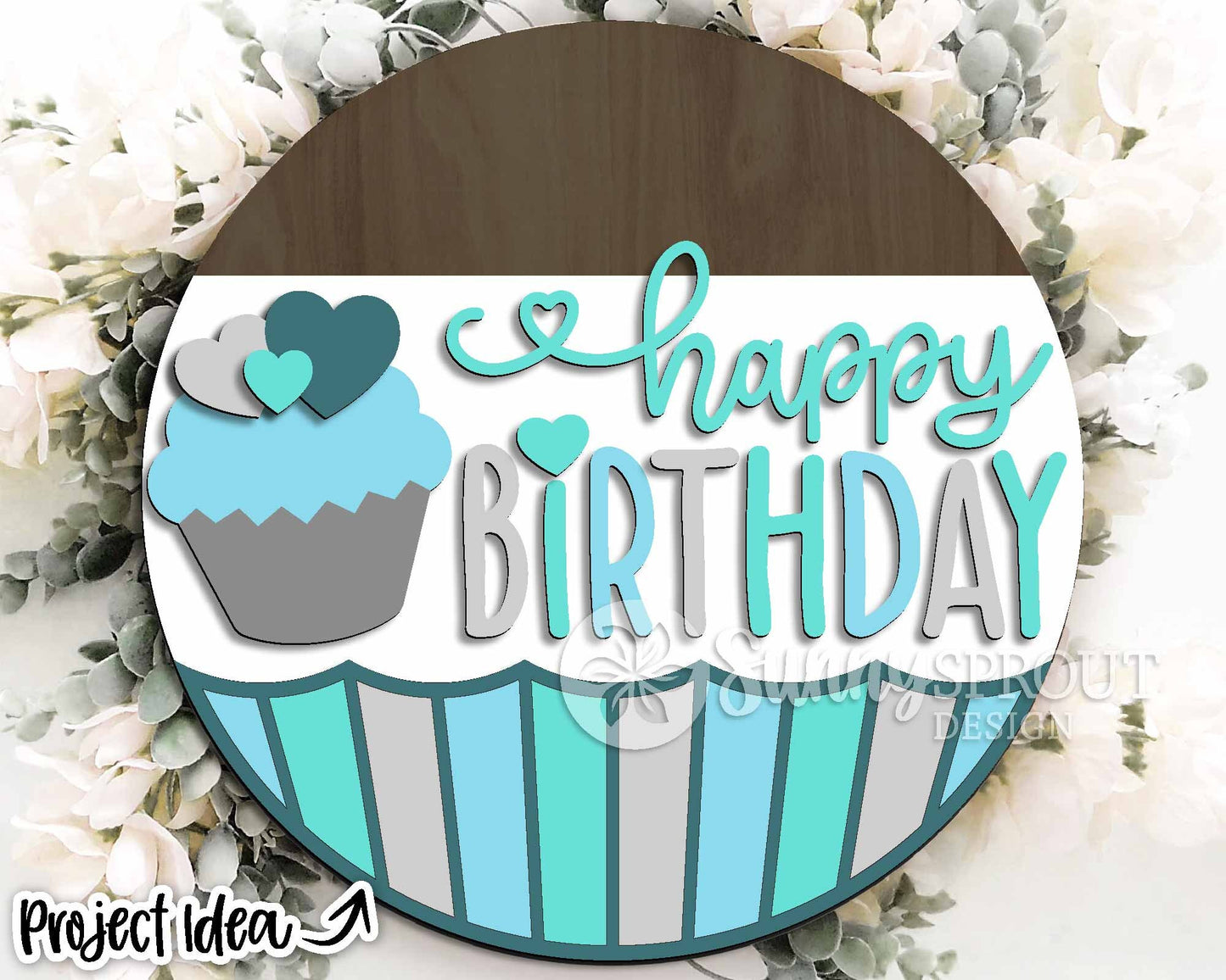 Happy Birthday Cupcake Sign, Digital Download, SVG Laser Cut File, Cricut, Round Party Door Hanger Design