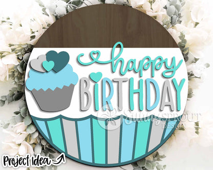 Happy Birthday Cupcake Sign, Digital Download, SVG Laser Cut File, Cricut, Round Party Door Hanger Design