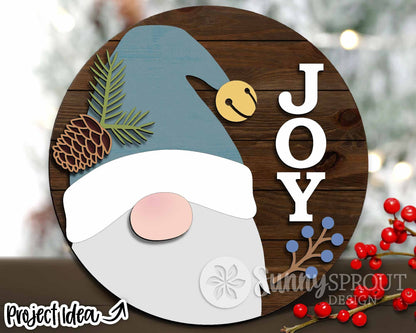 JOY Santa Gnome Sign, Digital Download, SVG Laser Cut File, Cricut, Round Door Hanger Design, Christmas Decor
