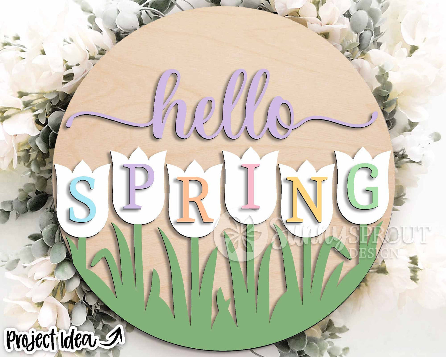 Hello Spring Tulips Sign, Digital download, SVG Laser cut file, Cricut, Round door hanger design, Easter decor