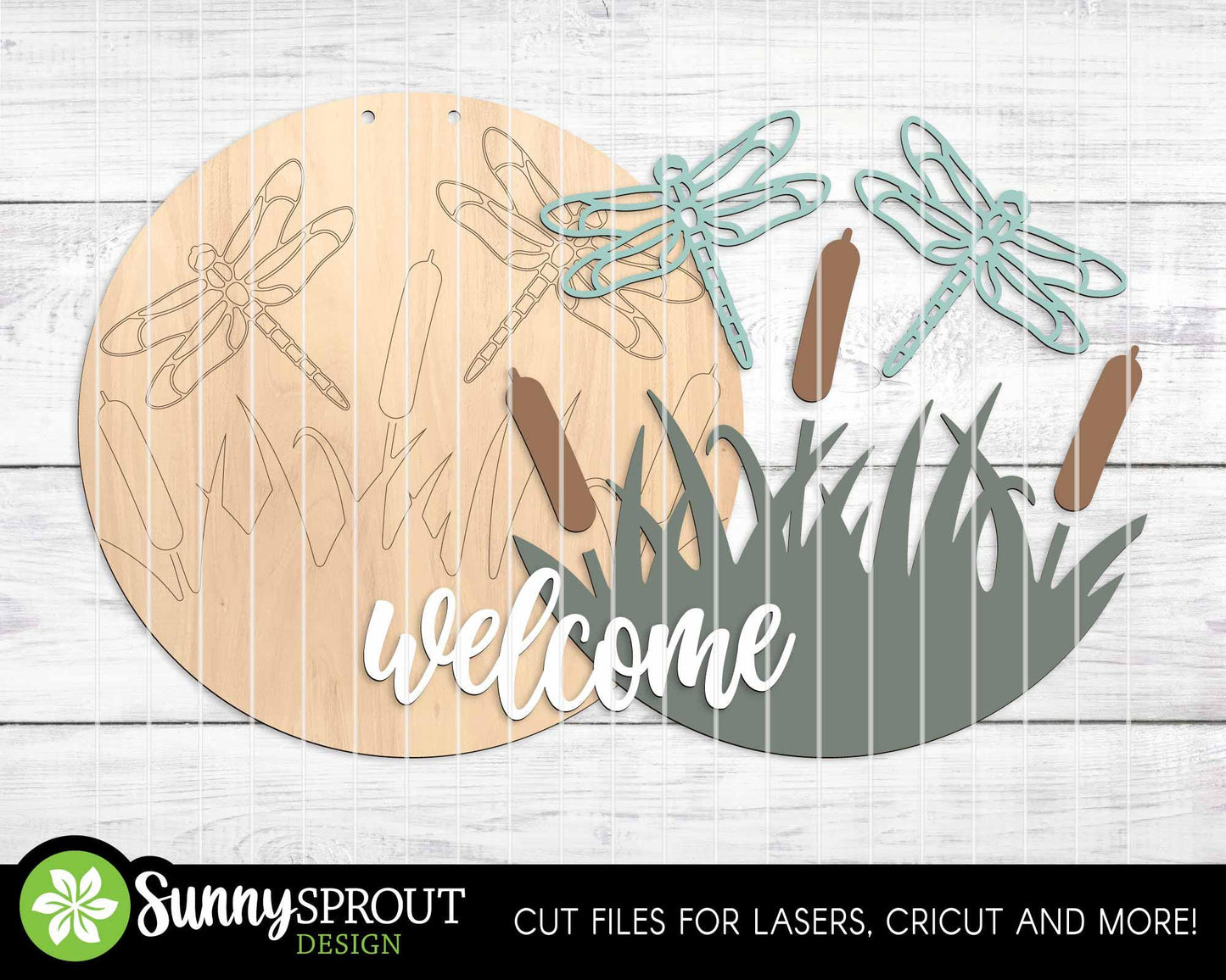 Dragonfly Cattail Welcome Sign, Digital Download, SVG Laser Cut File, Cricut, Lake Camping SVG, Summer Round Door Hanger Design