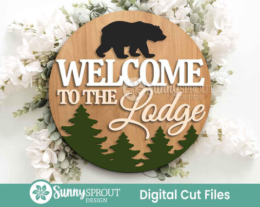 Welcome to The Lodge Sign, Digital download, SVG Laser cut file, Cricut, Round door hanger design, Cabin log home wall decor