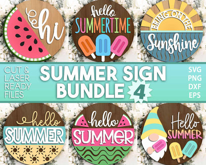 Summer Laser Sign Bundle 4, Round door hanger svg, Glowforge laser file, Cricut, Front door welcome sign, Hello summer svg