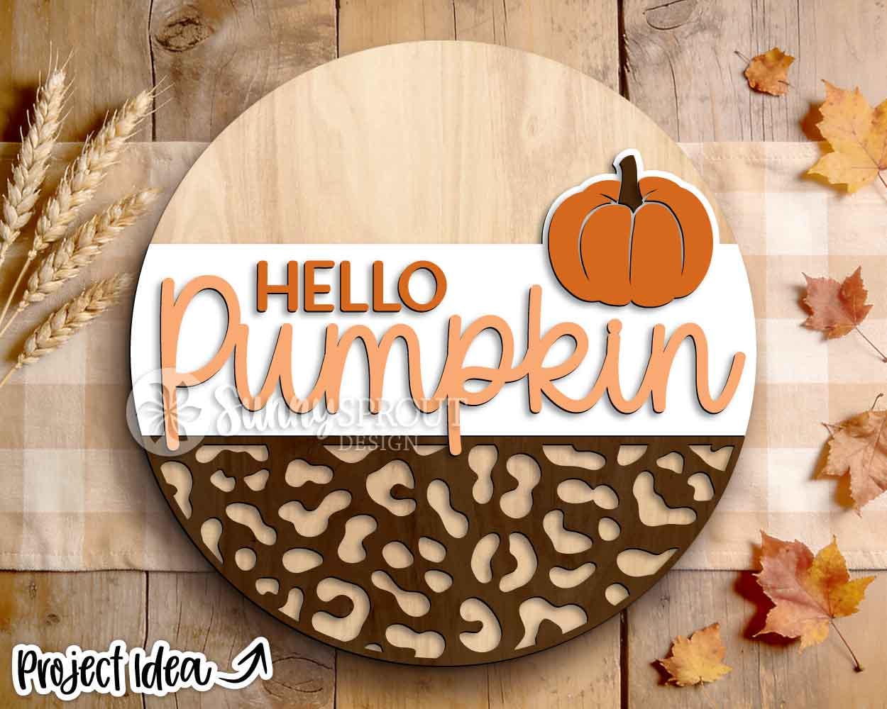 Hello Pumpkin Leopard Print Sign, Digital Download, SVG Laser Cut File, Cricut, Fall Round Door Hanger Design