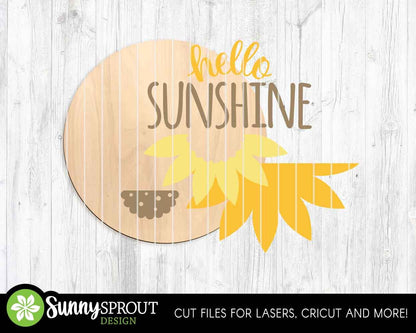 Hello Sunshine Sunflower Sign, Digital Download, SVG Laser Cut File, Cricut, Summer Round Door Hanger Design