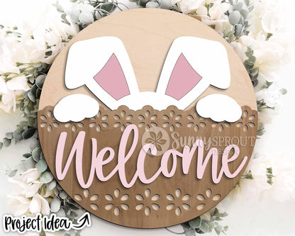 Welcome Bunny Ears Sign, Digital download, SVG Laser cut file, Cricut, Round door hanger design, Spring Easter decor