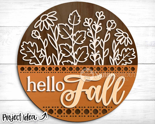 Hello Fall Wildflowers Sign, Digital Download, SVG Laser Cut File, Cricut, Round Floral Door Hanger Design