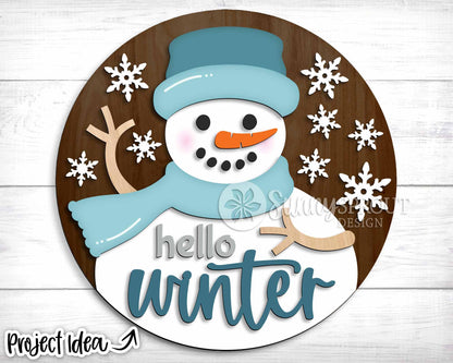 Hello Winter Snowman Sign, Round door hanger SVG, Glowforge laser cut file, Cricut, Winter decor svg, Welcome sign svg