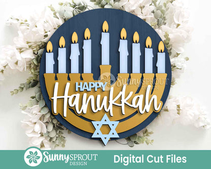Happy Hanukkah Menorah Sign, Digital Download, SVG Laser Cut File, Cricut, Round Door Hanger Design, Jewish Decor