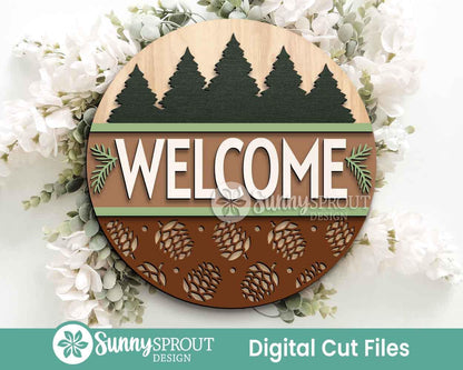 Welcome Pine Cone Sign, Round door hanger svg, Glowforge laser cut file, Cricut, Rustic cabin forest sign, Christmas svg