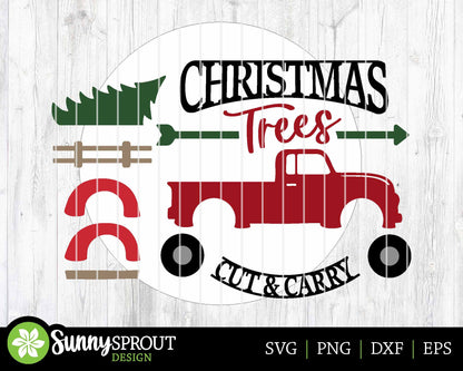Christmas Trees Old Truck Sign, Digital Download, SVG Laser Cut File, Cricut, Round Door Hanger Design, Farmhouse Christmas Decor
