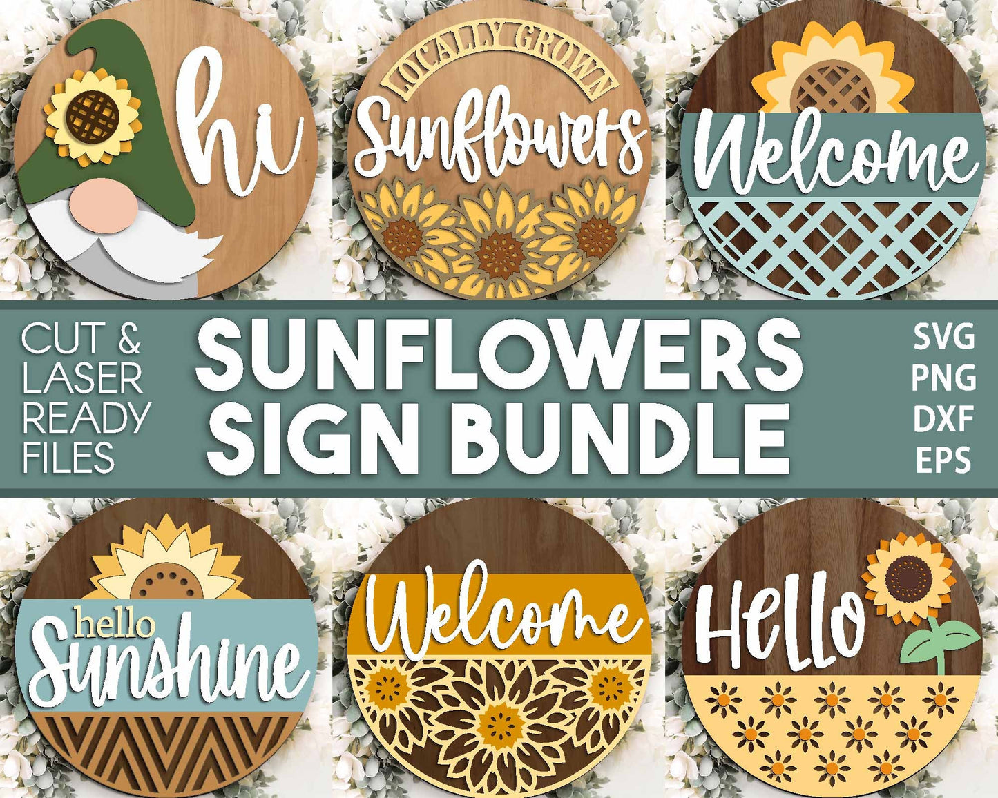 Sunflowers Laser Sign Bundle, Round door hanger svg, Glowforge laser file, Cricut cut file, Floral welcome sign svg