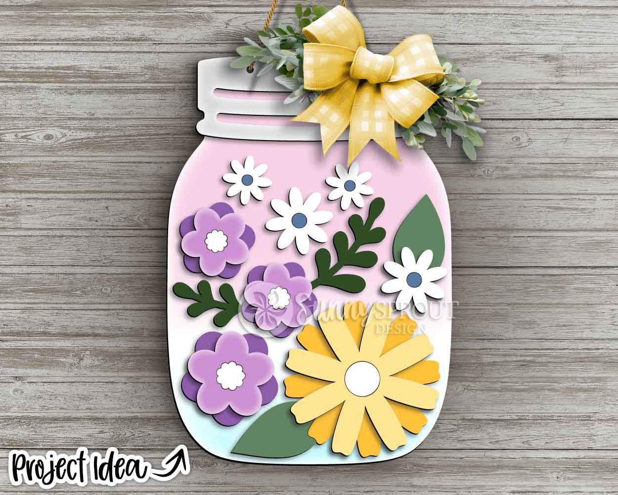 Spring Flower Mason Jar Sign, Digital download, SVG Laser cut file, Cricut, Round door hanger design