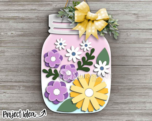 Spring Flower Mason Jar Sign, Digital download, SVG Laser cut file, Cricut, Round door hanger design