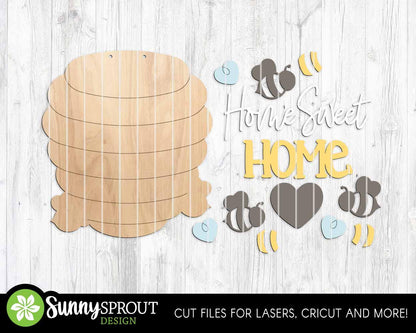 Home Sweet Bee Hive Sign, Digital Download, SVG Laser Cut File, Cricut, Summer Door Hanger Wall Decor Design