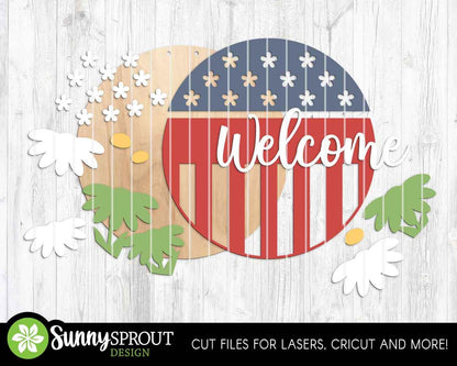 Welcome American Flag Daisy Sign, Digital Download, SVG Laser Cut File, Cricut, Round Door Hanger Design, Patriotic 4th of July Decor