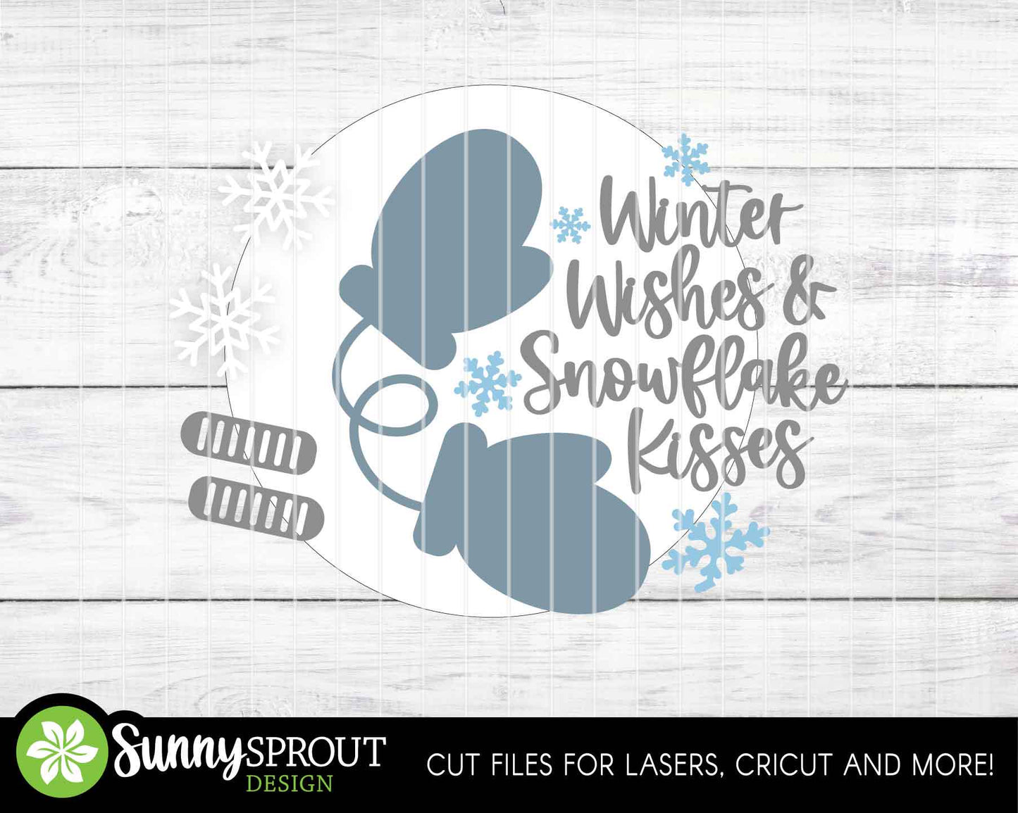 Winter Wishes & Snowflake Kisses Mittens Sign, Round door hanger svg, Glowforge laser cut file, Cricut, Winter decor svg