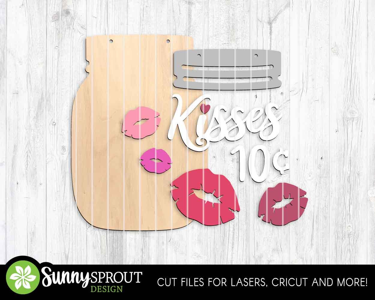 Kisses 10 Cents Mason Jar Sign, Digital Download, SVG Laser Cut File, Round Door Hanger Wall Art Design, Valentine's Day Decor