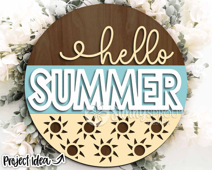 Hello Summer Sun Pattern Sign, Digital Download, SVG Laser Cut File, Round Door Hanger Design