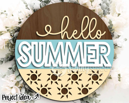 Hello Summer Sun Pattern Sign, Digital Download, SVG Laser Cut File, Round Door Hanger Design