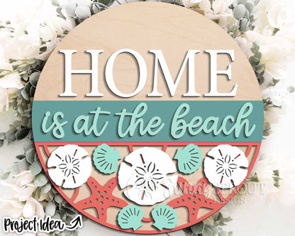 Home Is at the Beach Seashell Sign, Digital download, SVG Laser cut file, Cricut, Round door hanger design, Ocean coastal decor