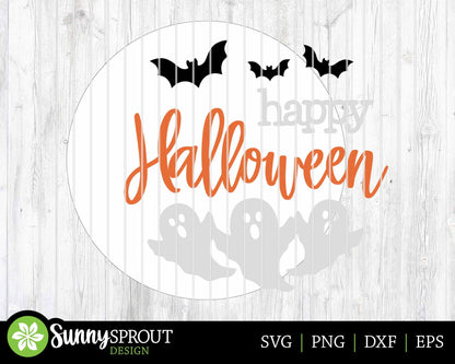 Happy Halloween Ghosts and Bats Sign, Digital Download, SVG Laser Cut File, Cricut, Round Door Hanger Design