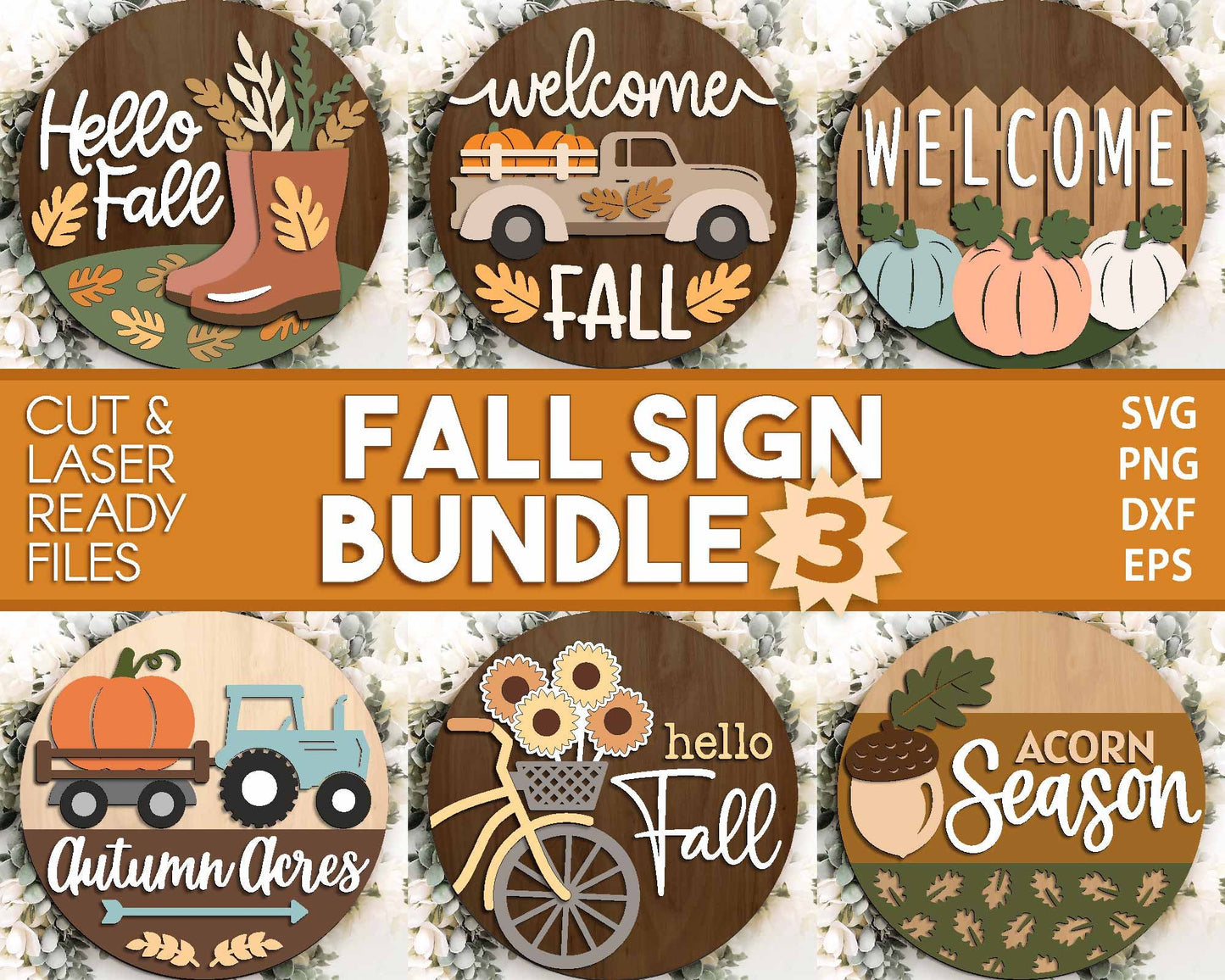 Fall Laser Sign Bundle 3, Round door hanger, Glowforge laser file, Cricut, Autumn welcome sign svg, Hello Fall pumpkin svg