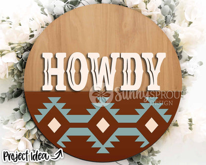 Howdy Southwest Pattern Sign, Digital Download, SVG Laser Cut File, Cricut, Cowboy Western Round Door Hanger Design