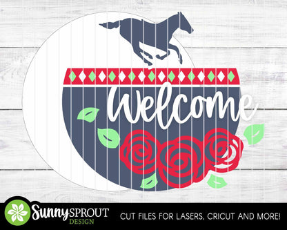 Welcome Rose Horse Sign, Digital download, SVG Laser cut file, Cricut, Round door hanger design, Kentucky Derby decor