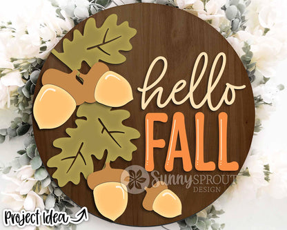 Hello Fall Acorn Oak Leaves Sign, Digital Download, SVG Laser Cut File, Cricut, Round Autumn Door Hanger Design