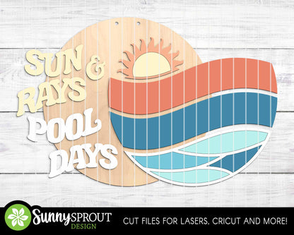Sun Rays & Pool Days Sign, Digital Download, SVG Laser Cut File, Cricut, Summer Round Door Hanger Design