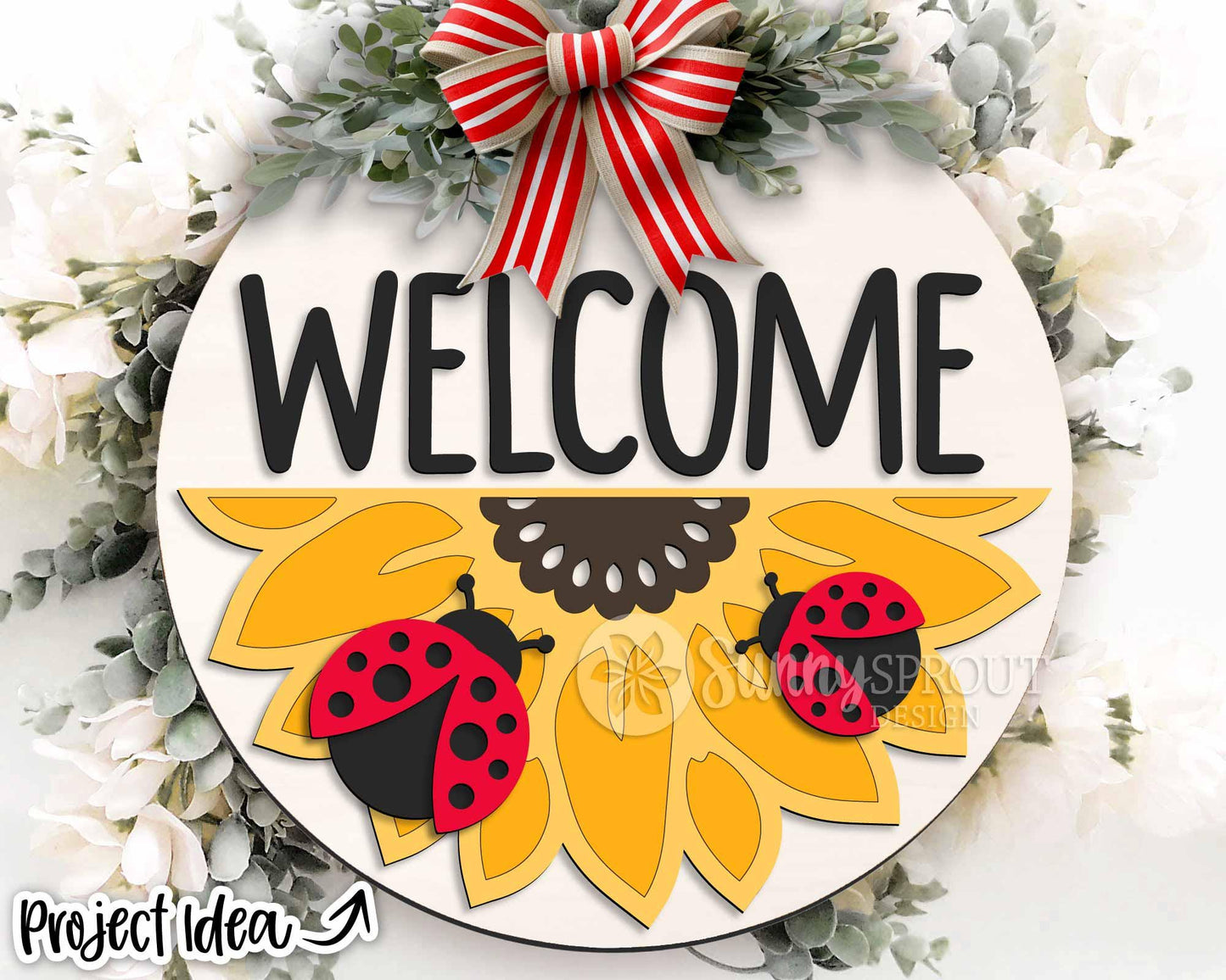 Welcome Ladybug Sunflower Sign, Digital Download, SVG Laser Cut File, Cricut, Summer Fall Round Door Hanger Design