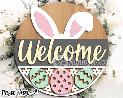 Welcome Bunny Ears Egg Pattern Sign, Digital download, SVG Laser cut file, Cricut, Round door hanger design, Easter decor