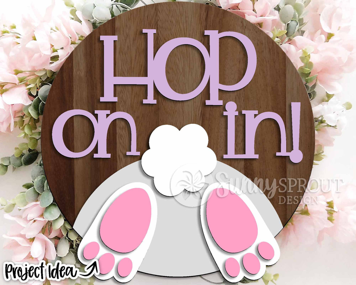 Hop On In Bunny Tail Sign, Digital download, SVG Laser cut file, Cricut, Round door hanger design, Easter decor