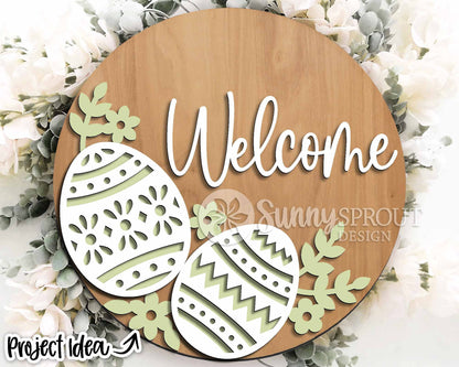 Welcome Floral Easter Eggs Sign, Digital download, SVG laser cut file, Cricut, Round door hanger design