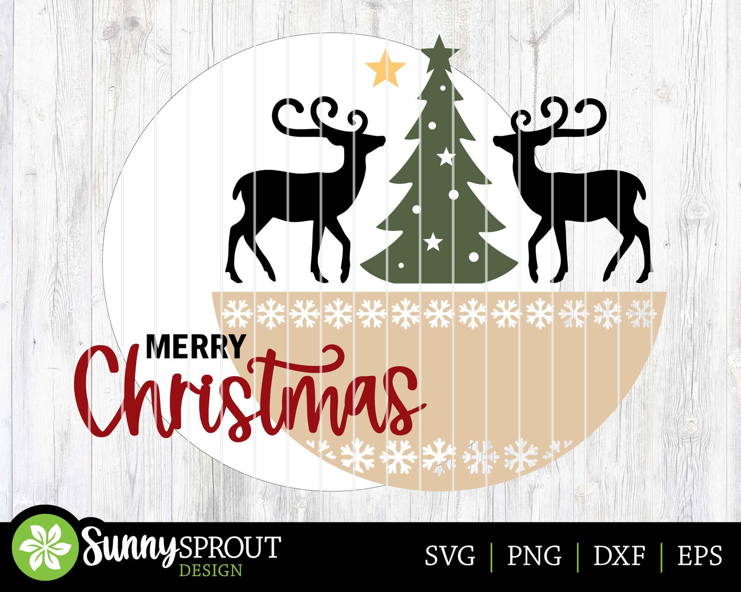 Merry Christmas Tree & Reindeer Sign, Digital Download, SVG Laser Cut File, Cricut, Round Door Hanger Design