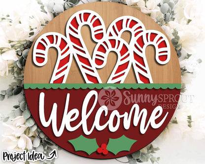 Welcome Candy Cane Sign, Digital Download, SVG Laser Cut File, Cricut, Round Door Hanger Design, Christmas Decor