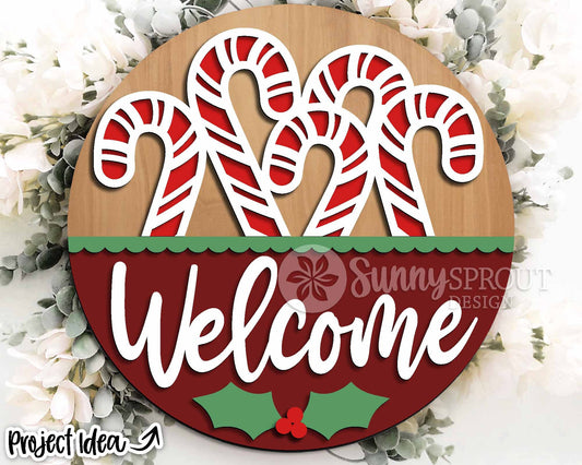 Welcome Candy Cane Sign, Digital Download, SVG Laser Cut File, Cricut, Round Door Hanger Design, Christmas Decor