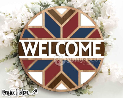 Barn Quilt Welcome Sign, Digital Download, SVG Laser Cut File, Cricut, Farmhouse Round Door Hanger Design