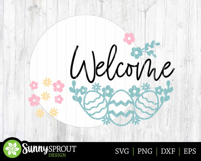 Welcome Easter Egg Flower Sign, Digital download, SVG laser cut file, Cricut, Round door hanger design