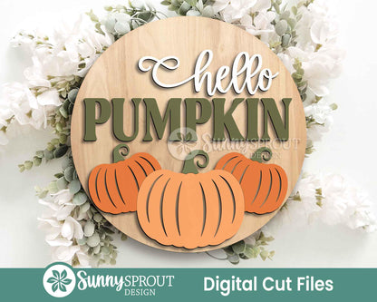 Hello Pumpkin Three Pumpkin Sign, Digital Download, SVG Laser Cut File, Cricut, Round Fall Door Hanger Design