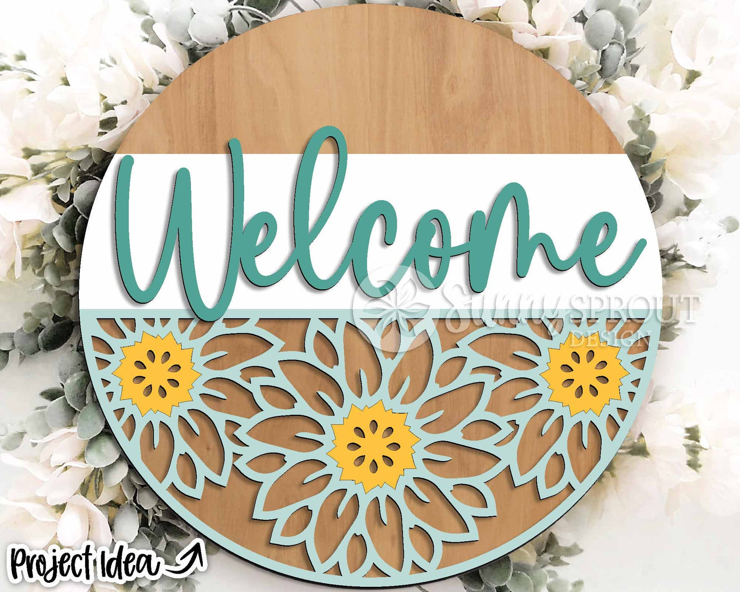 Welcome Sunflower Pattern Sign, Digital Download, SVG Laser Cut File, Cricut, Fall Summer Round Door Hanger Design