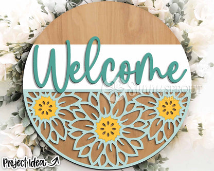 Welcome Sunflower Pattern Sign, Digital Download, SVG Laser Cut File, Cricut, Fall Summer Round Door Hanger Design