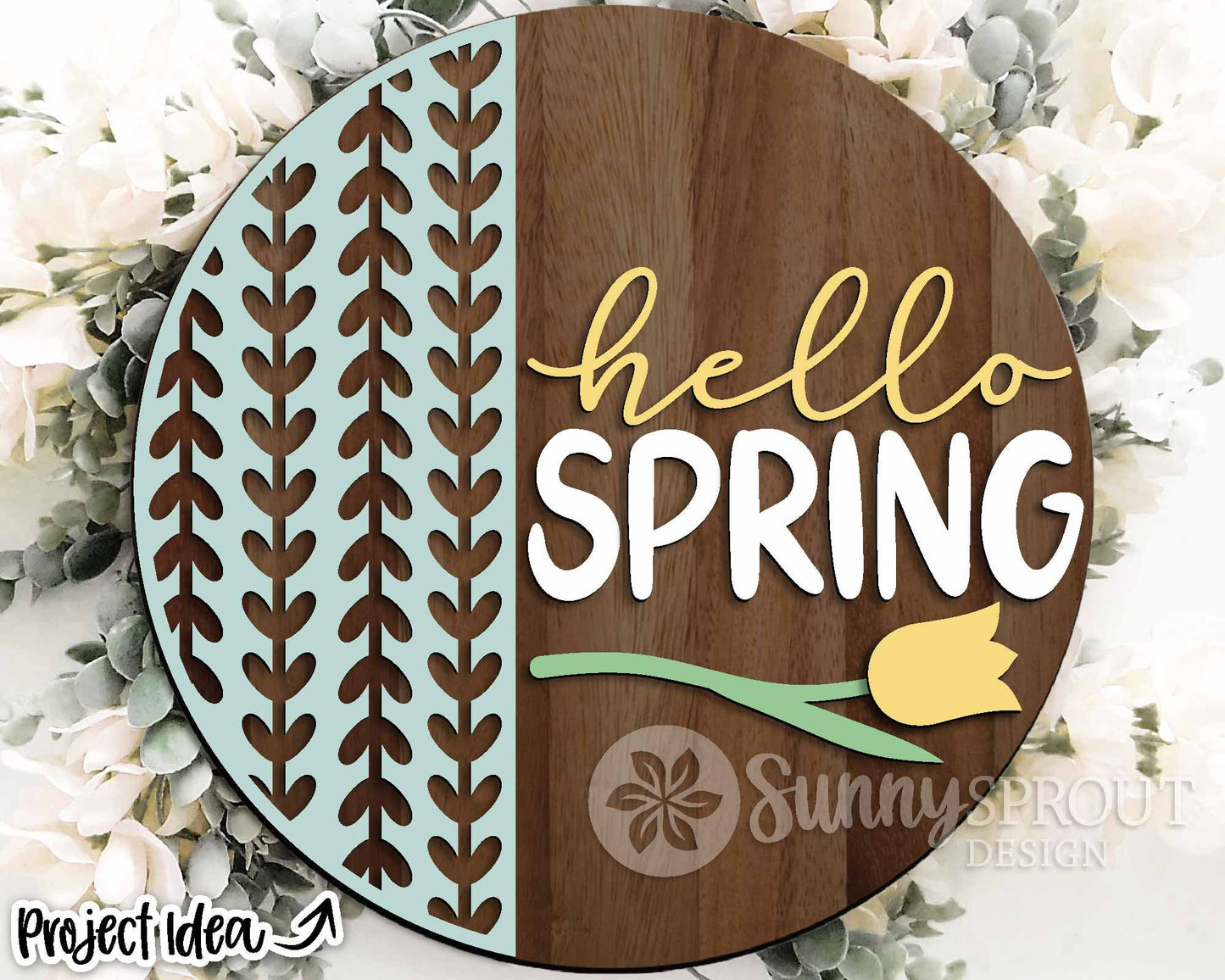 Hello Spring Vertical Pattern Tulip Sign, Digital download, SVG laser cut file, Cricut, Round door hanger design
