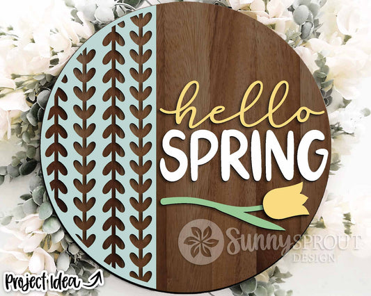 Hello Spring Vertical Pattern Tulip Sign, Digital download, SVG laser cut file, Cricut, Round door hanger design