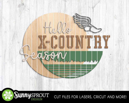 Hello Cross Country Season Sign, Digital Download, SVG Laser Cut File, Cricut, Round Door Hanger Wall Art Design, Sports Decor