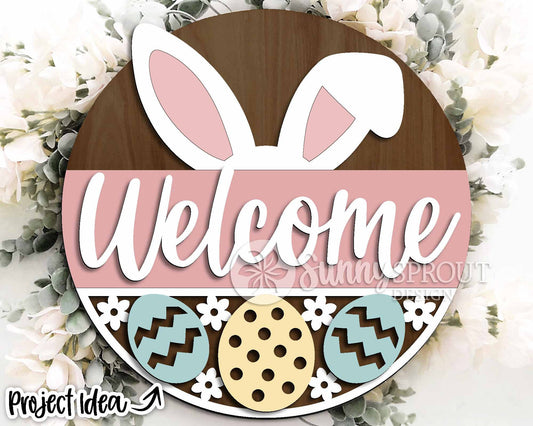 Welcome Bunny Ears Egg Pattern Sign, Digital download, SVG Laser cut file, Cricut, Round door hanger design, Easter decor