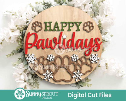 Happy Pawlidays Sign, Digital Download, SVG Laser Cut File, Cricut, Round Door Hanger Design, Christmas Dog Cat Decor