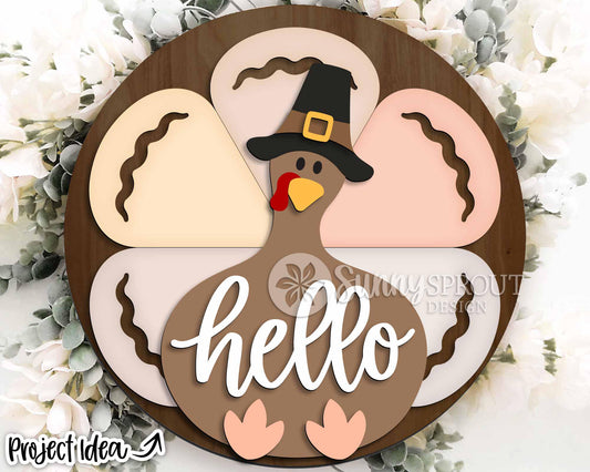Pilgrim Turkey Hello Sign, Digital Download, SVG Laser Cut File, Cricut, Round Thanksgiving Fall Door Hanger Design