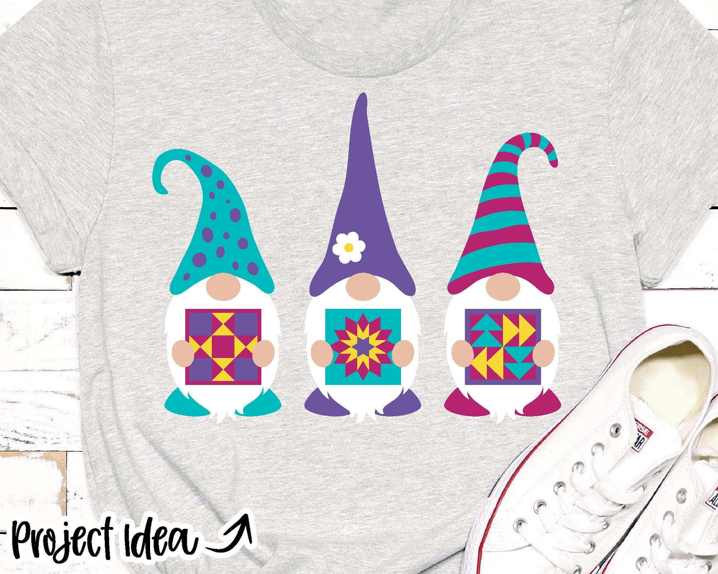 Three Gnomes Holding Patchwork Quilt SVG, Digital download, Cricut cut file, Silhouette, Sewing quilting embroidery design